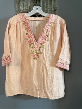 Pink Floral Embroidered V-Neck Tunic Top